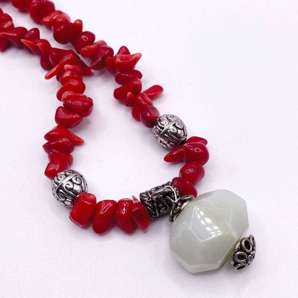 Red Coral Beaded Necklace with Green Lace Jade Pendant 16” Long